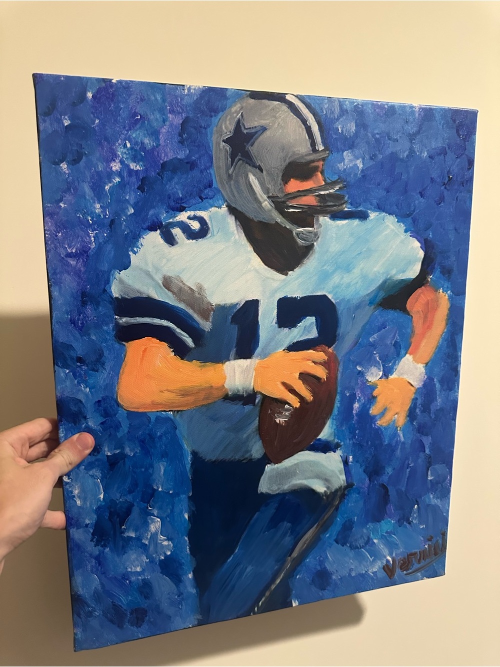 Roger Staubach 16x20 painting Hand-Painted Blue Football Canvas Art